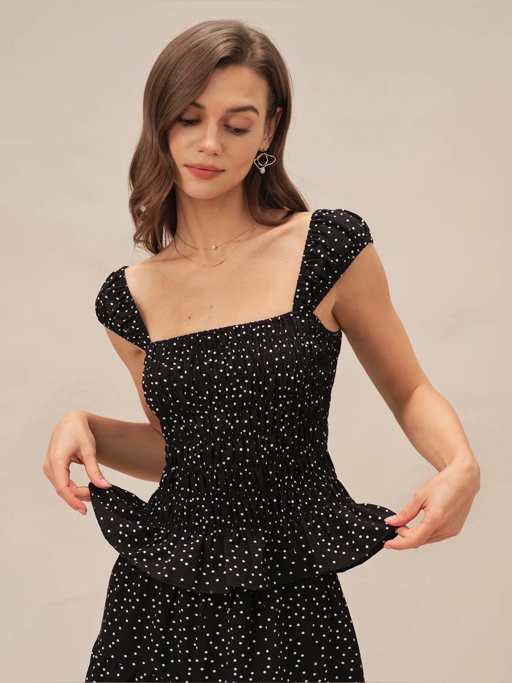 Rihoas Smocked Square-Neck Black Polka Dot Tank Top